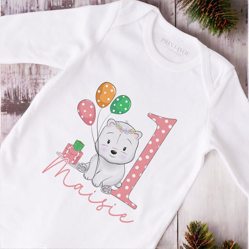 Personalised First 1st Birthday One T-shirt, Sleepsuit and vest, Pink Polar Bear First Birthday Outfit.