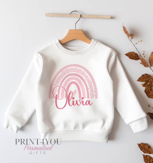 Personalised Sweatshirt Jumper For Children. White Cotton Sweatshirt - Printed Pink Rainbow and name