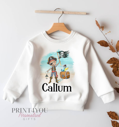 Personalised Sweatshirt Jumper For Children. White Cotton Sweatshirt - Printed Pirate Boy and name