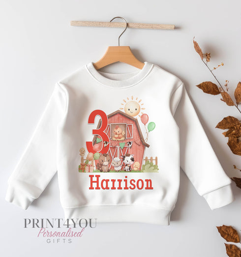 Personalised Birthday Age Sweatshirt Jumper For Children. Any Age, White Cotton Sweatshirt - Farm yard Animals Number and name