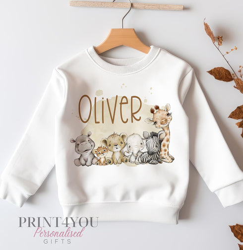 Personalised Sweatshirt Jumper For Children. White Cotton Sweatshirt - Safari Animals and name