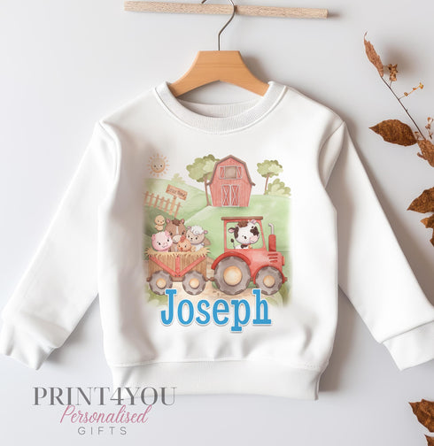Personalised Sweatshirt Jumper For Children. White Cotton Sweatshirt - Farm Animals in a Tractor and name