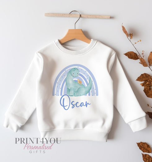 Personalised Sweatshirt Jumper For Children. White Cotton Sweatshirt - Printed Blueainbow with Dinosaur and name