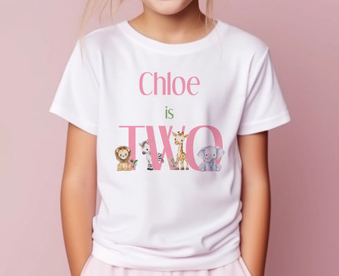 Personalised Pink Safari Birthday T-Shirt I am TWO Cotton White Top, Safari themed party