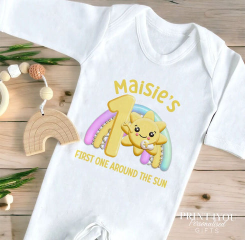 Personalised First One Around the Sun and Rainbow Sleepsuit and vest, Sunshine First Birthday Outfit.