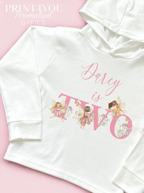 Personalised Girls Fairy Birthday T-Shirt Age Two - Cotton White Top, Pink Fairies theme, second birthday