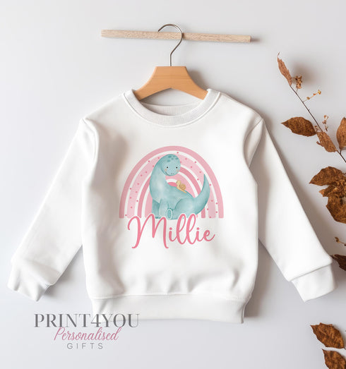 Personalised Sweatshirt Jumper For Children. White Cotton Sweatshirt - Printed Pink Rainbow with Dinosaur and name