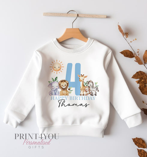 Personalised Fourth Birthday Jumper, Birthday Sweatshirt for Children, I am Four, Jungle Safari Jumper 4 Blue