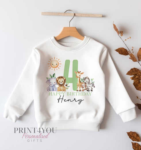 Personalised Fourth Birthday Jumper, Birthday Sweatshirt for Children, I am Four, Jungle Safari Jumper 4 Green