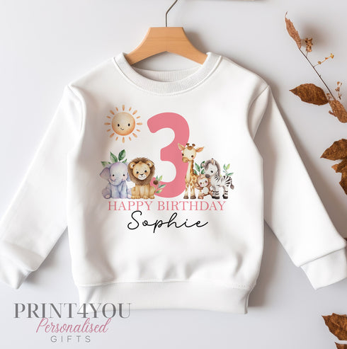 Personalised Third Birthday Jumper, Birthday Sweatshirt for Children, I am three, Jungle Safari Jumper 3 Pink