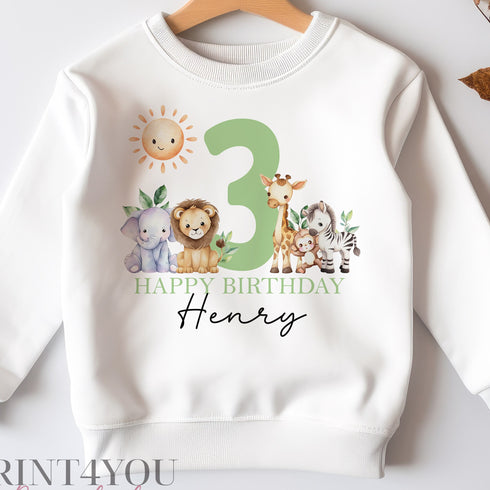 Personalised Third Birthday Jumper, Birthday Sweatshirt for Children, I am three, Jungle Safari Jumper 3 Green