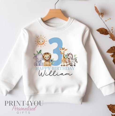 Personalised Third Birthday Jumper, Birthday Sweatshirt for Children, I am three, Jungle Safari Jumper 3 Blue