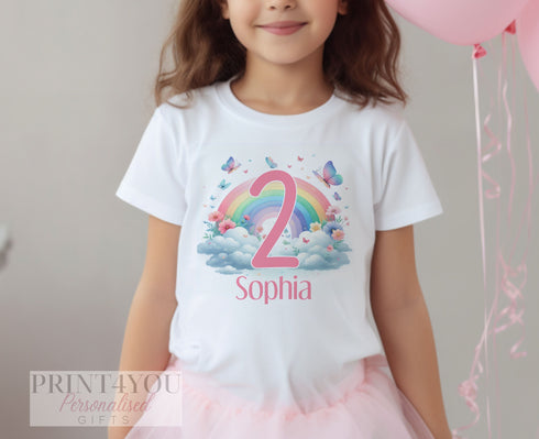 Personalised Rainbow Birthday T-Shirt ANY AGE - Cotton White Top, Any Age, Butterflies and Rainbows Party Top