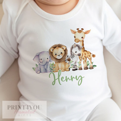 Newborn Gift, Sleepsuit Bib and vest, Safari baby Outfit. 0-12m