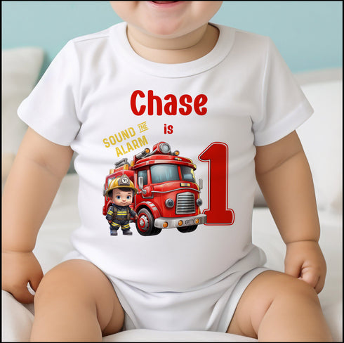 Personalised First Birthday One T-shirt, Sleepsuit and vest, Firem man Engine First Birthday Outfit.