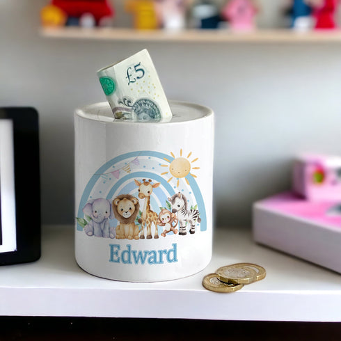 Personalised Ceramic White Money Box Coin Bank - Blue Safari Rainbow, New Baby Gift, First Birthday, Christening Gift