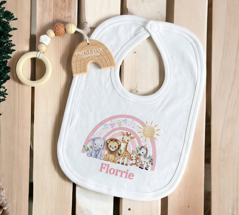 Personalised Safari Rainbow Birthday White Cotton T-Shirt, Vest, Sleepsuit or hoodie - Pink Safari Animal Rainbow, New Baby Gift Ideas