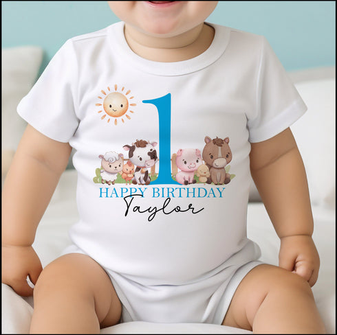 Personalised Farm Animals First Birthday T-shirt, I am One, Sleepsuit, Vest or T-shirt, Blue Number 1 First Birthday