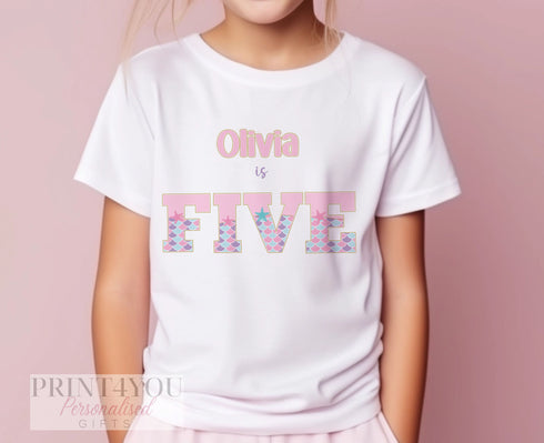 Personalised Mermaid Birthday T-Shirt Ages 1-6 - Cotton White Top, Any name