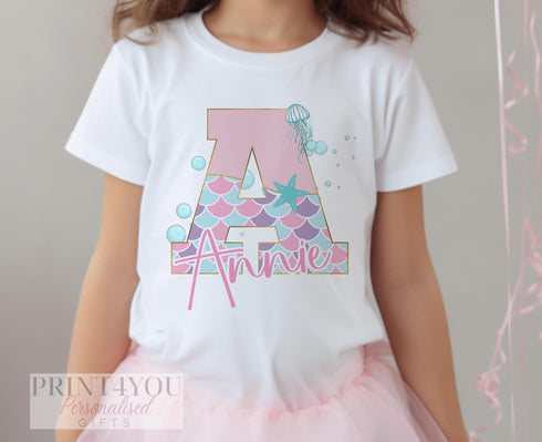 Personalised Mermaid Birthday T-Shirt - Cotton White Top, any letter initial, Birthday Top for little girls, Mermaid party.