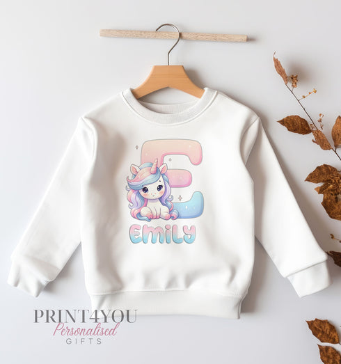 Personalised Birthday Sweatshirt Jumper For Children. Any Age, White Cotton Sweatshirt - Cute Unicorn Alphabet Letter