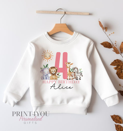 Personalised Fourth Birthday Jumper, Birthday Sweatshirt for Children, I am Four, Jungle Safari Jumper 4 Pink