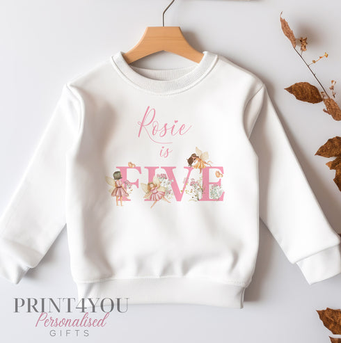 Personalised third Birthday Jumper, Birthday Sweatshirt for Children, I am One Two Three Four Five Six, Pink Fairies Fairy Jumper
