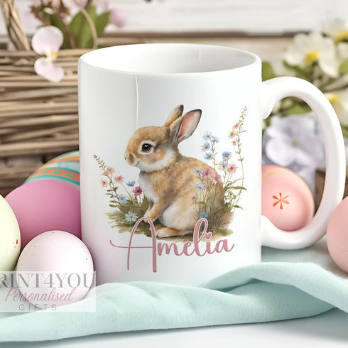 Personalised gift mug, White or Pink Handle Mug, Gorgeous Bunny Rabbit and Flowers, Easter Gift Ideas