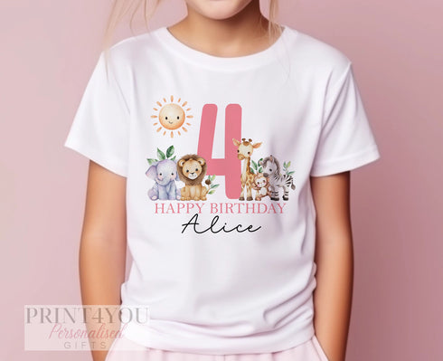 Personalised Jungle Safari Birthday T-Shirt ANY AGE - Cotton White Top, Any Age, Pink Safari Party Top
