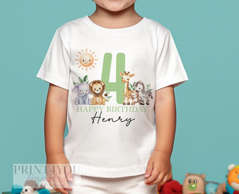 Personalised Jungle Safari Birthday T-Shirt ANY AGE - Cotton White Top, Any Age, Green Safari Party Top