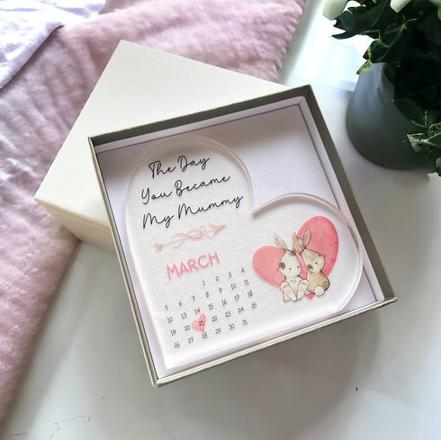 Personalised Mothers Day Gift, UV printed Free standing Acrylic Heart, The Day you Became my Mummy, Our First Mothers Day
