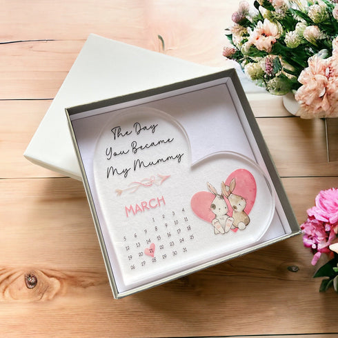 Personalised Mothers Day Gift, UV printed Free standing Acrylic Heart, The Day you Became my Mummy, Our First Mothers Day