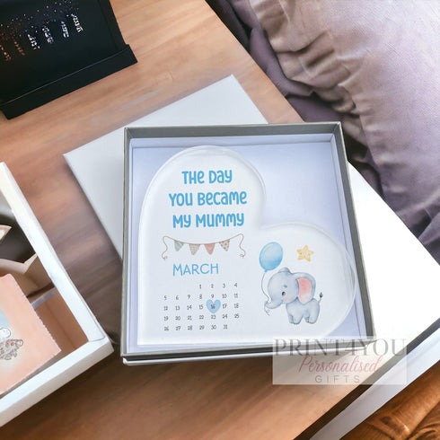 Personalised Mothers Day Gift, UV printed Free standing Acrylic Heart, The Day you Became my Mummy, Our First Mothers Day, Blue Elephant