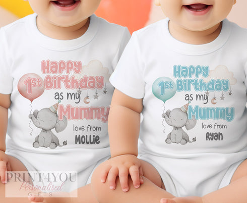 Happy Birthday Mummy, 1st Birthday as My Mummy, Sleepsuit Baby grow Bodysuit Vest, Mum Birthday, Mummy Birthday, Cute Elephant Design