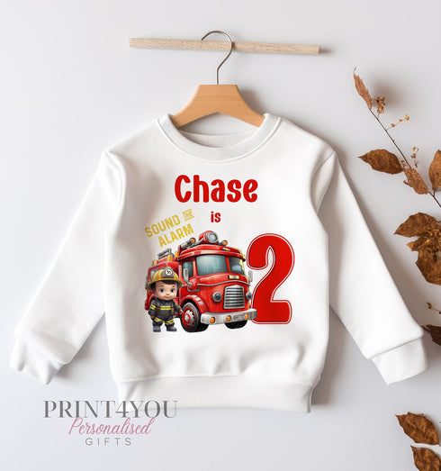 Personalised Fire Engine Birthday Jumper, Birthday Sweatshirt for Children, ANY AGE, Fireman Birthday Party