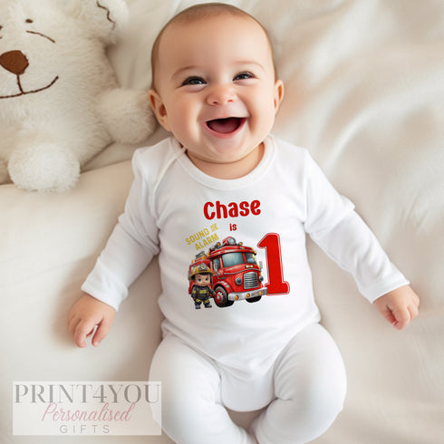 Personalised First Birthday One T-shirt, Sleepsuit and vest, Firem man Engine First Birthday Outfit.