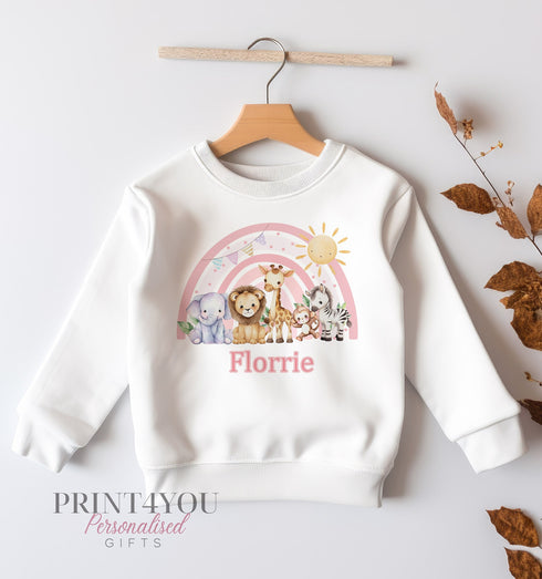 Personalised Sweatshirt Jumper For Children. White Cotton Sweatshirt - Safari Animals and Pink Rainbow