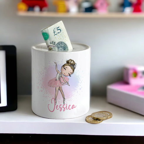 Personalised Ceramic White Money Box Coin Bank - Ballerina and Name