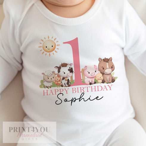 Personalised Farm Animals First Birthday T-shirt, I am One, Sleepsuit, Vest or T-shirt, Pink Number 1 First Birthday