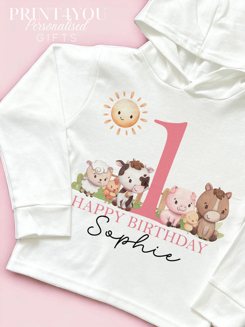 Personalised Farm Animals First Birthday T-shirt, I am One, Sleepsuit, Vest or T-shirt, Pink Number 1 First Birthday