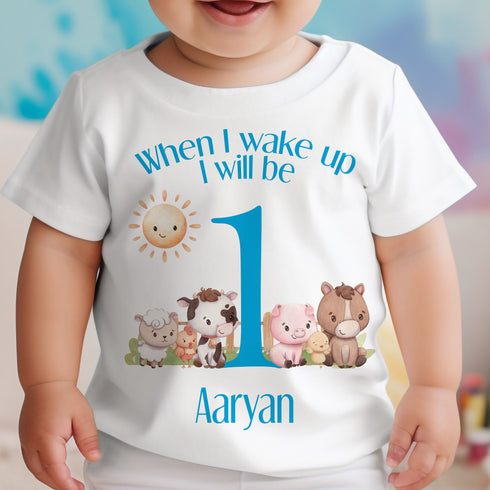 Personalised First Birthday One T-shirt, Sleepsuit and vest, Blue Farm Animals First Birthday Outfit.