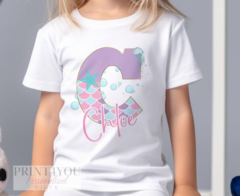 Personalised Mermaid Birthday T-Shirt - Cotton White Top, any letter initial, Birthday Top for little girls, Mermaid party.