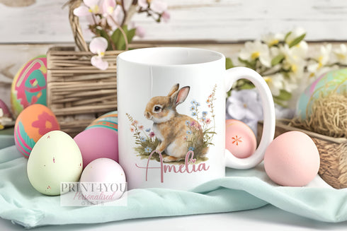 Personalised gift mug, White or Pink Handle Mug, Gorgeous Bunny Rabbit and Flowers, Easter Gift Ideas