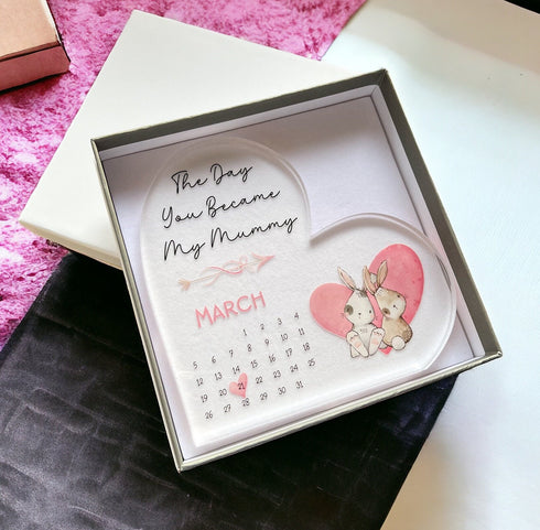 Personalised Mothers Day Gift, UV printed Free standing Acrylic Heart, The Day you Became my Mummy, Our First Mothers Day