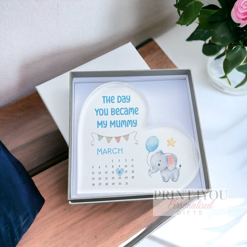 Personalised Mothers Day Gift, UV printed Free standing Acrylic Heart, The Day you Became my Mummy, Our First Mothers Day, Blue Elephant