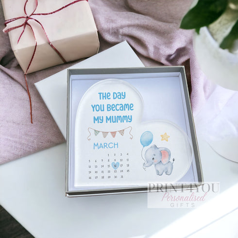 Personalised Mothers Day Gift, UV printed Free standing Acrylic Heart, The Day you Became my Mummy, Our First Mothers Day, Blue Elephant