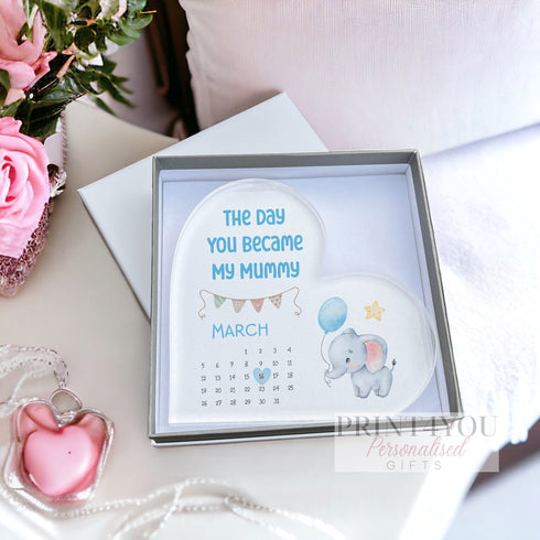 Personalised Mothers Day Gift, UV printed Free standing Acrylic Heart, The Day you Became my Mummy, Our First Mothers Day, Blue Elephant