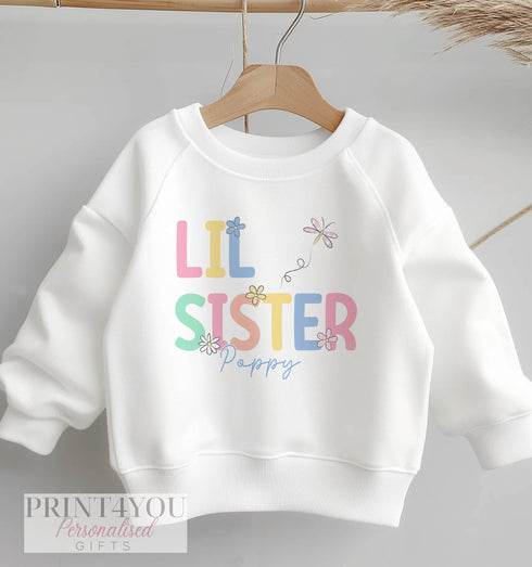 Personalised Big or Little Sister Jumper, Birthday Sweatshirt for Children, Promoted to Big Sister, Little Sister, pastel design & Flowers
