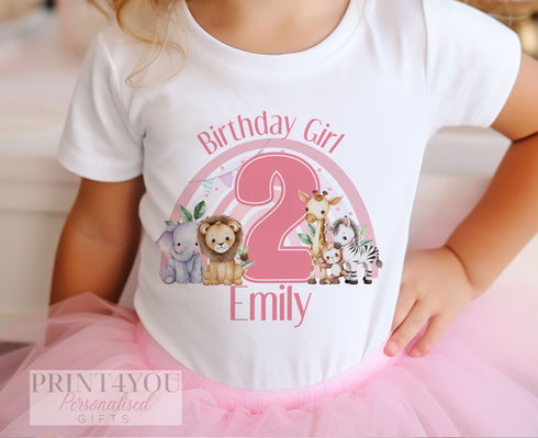 Personalised Safari Jungle Birthday T-Shirt ANY AGE - Cotton White Top, Any Age, Safari Themed Party Top in pink