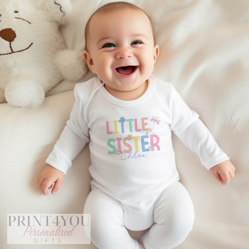 Little Sister Personalised T-shirt, Sleepsuit Baby grow Bodysuit Vest, New Sister Gift, Sibling matching T-shirts